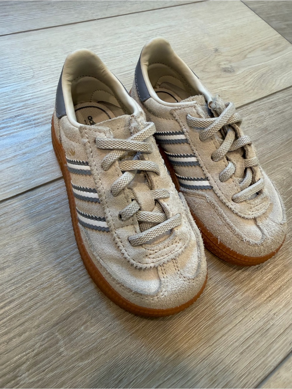 Adidas Kids Grey Suede Sneakers with Dark Gray Stripes and Gum Sole 8T